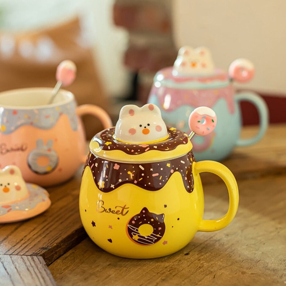 Kawaii Donut Bunny Ceramic Mug With Lid + Spoon-Enchanted peach