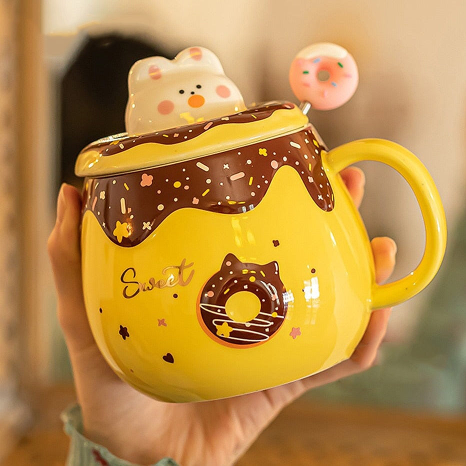 Kawaii Donut Bunny Ceramic Mug With Lid + Spoon-Enchanted peach