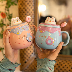 Kawaii Donut Bunny Ceramic Mug With Lid + Spoon-Enchanted peach