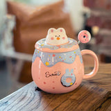 Kawaii Donut Bunny Ceramic Mug With Lid + Spoon-Enchanted peach