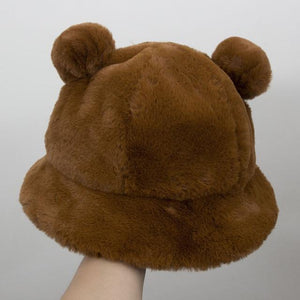 Kawaii Faux Fur Bear Bucket Hat-Enchanted peach