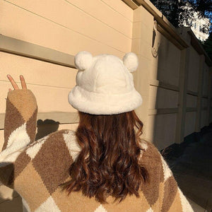 Kawaii Faux Fur Bear Bucket Hat-Enchanted peach