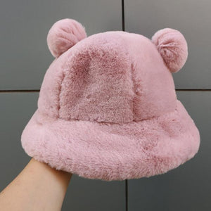 Kawaii Faux Fur Bear Bucket Hat-Enchanted peach