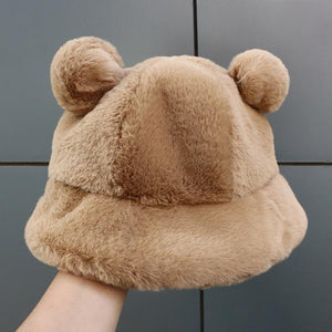 Kawaii Faux Fur Bear Bucket Hat-Enchanted peach