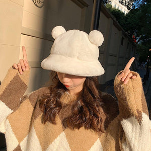 Kawaii Faux Fur Bear Bucket Hat-Enchanted peach