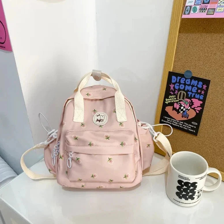 Kawaii Floral Bunny Petite Small Backpack-Enchanted peach