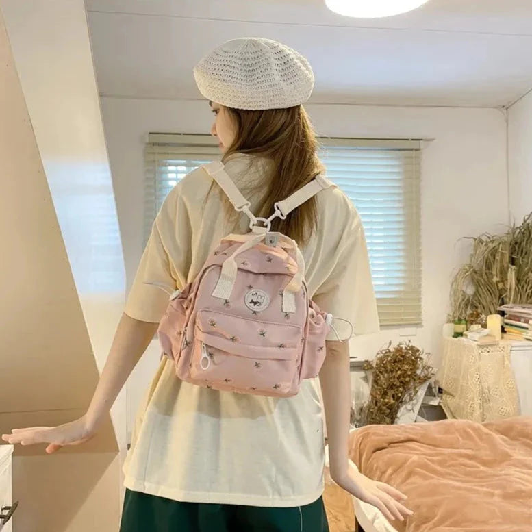 Kawaii Floral Bunny Petite Small Backpack-Enchanted peach