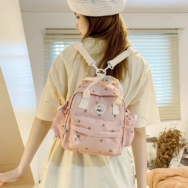 Kawaii Floral Bunny Petite Small Backpack-Enchanted peach