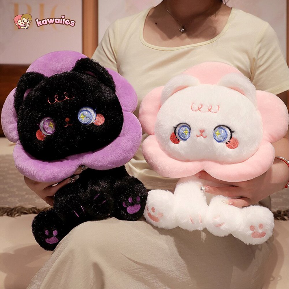 Kawaii Flower Black White Cat Plushies-Enchanted peach