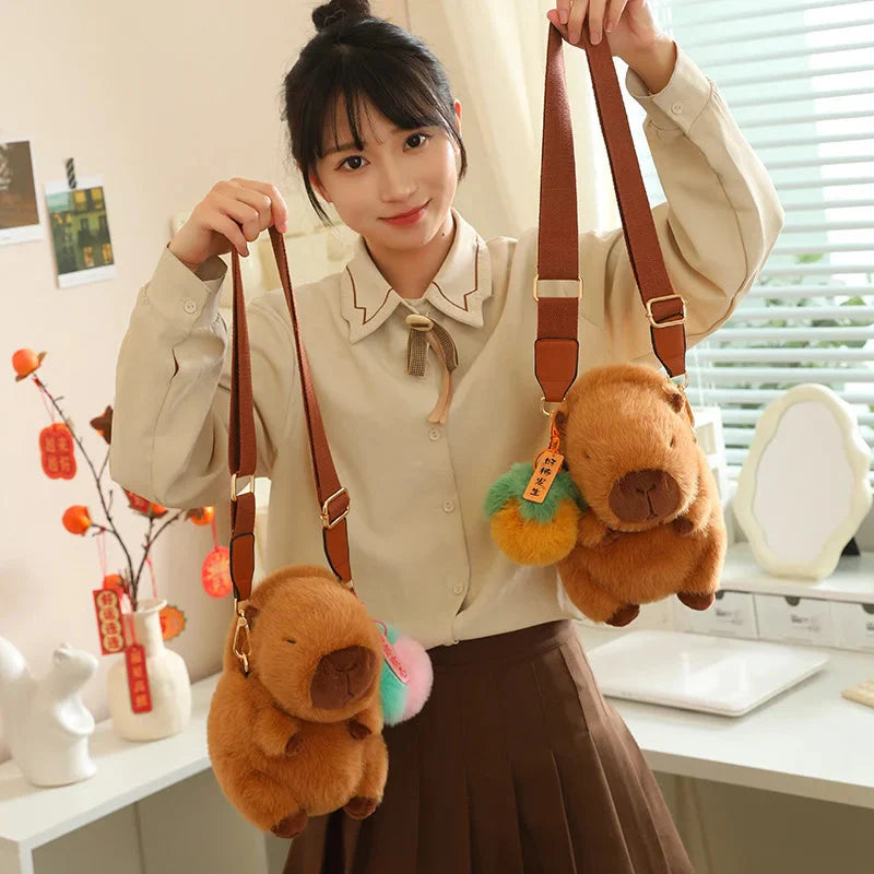 Kawaii Fluffy Capybara Plushies with Strap-Enchanted peach