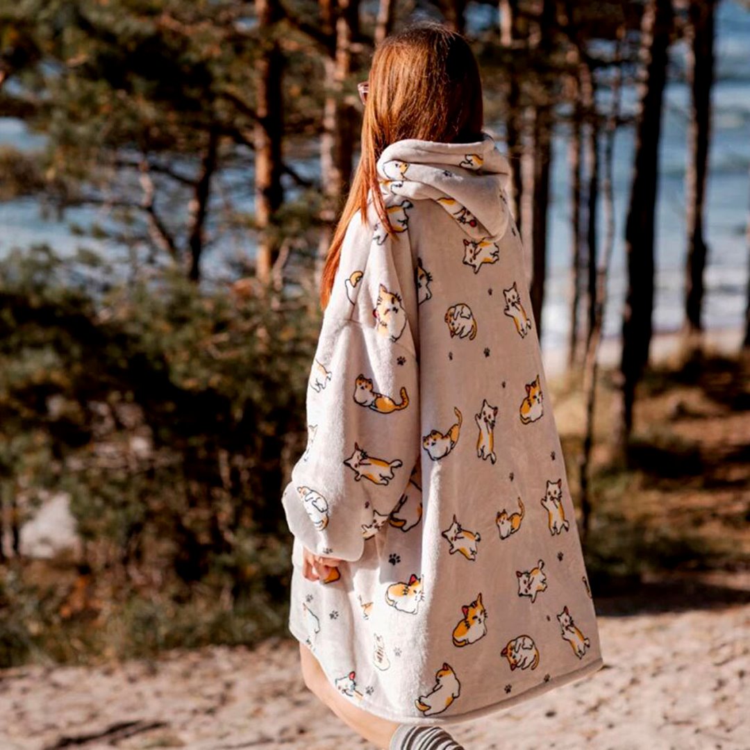 Kawaii Ginger Cat Oversized Thick Blanket Hoodie-Enchanted peach