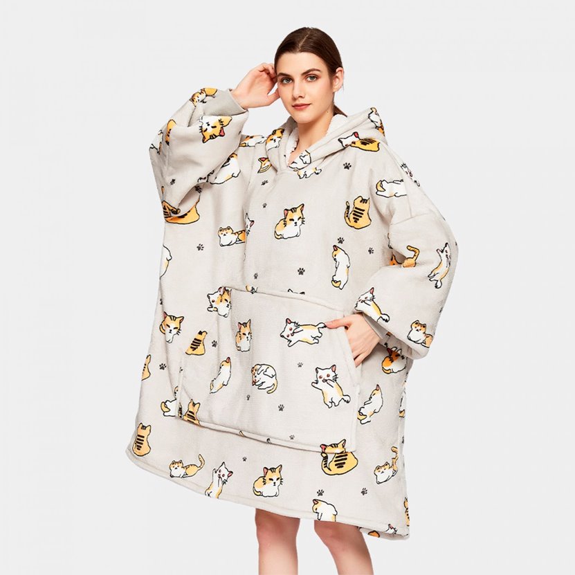 Kawaii Ginger Cat Oversized Thick Blanket Hoodie-Enchanted peach