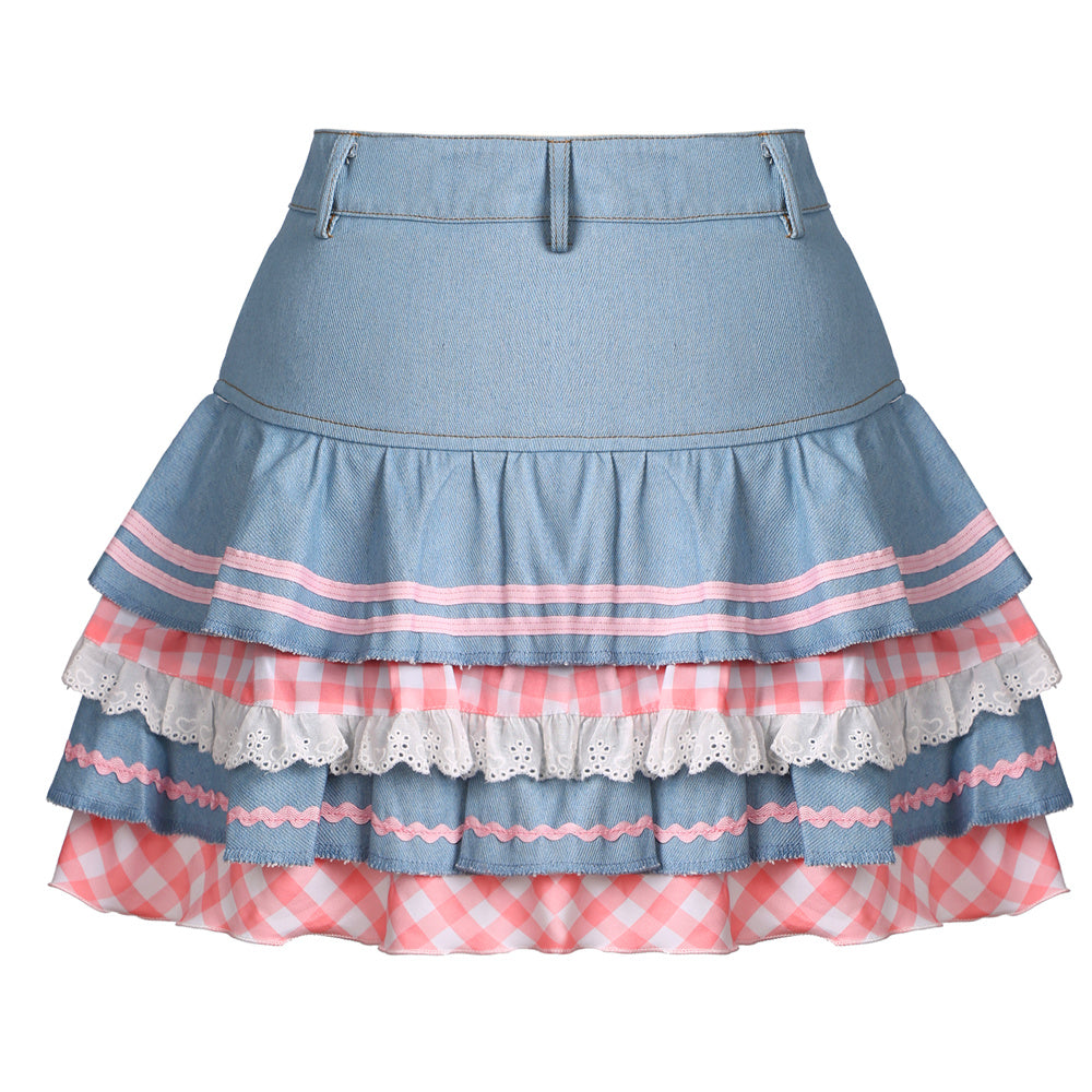 Kawaii Harajuku Japanese-themed Lolita Mini Denim Checked Women's Skirt-Enchanted peach