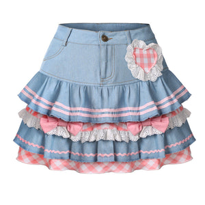 Kawaii Harajuku Japanese-themed Lolita Mini Denim Checked Women's Skirt-Enchanted peach