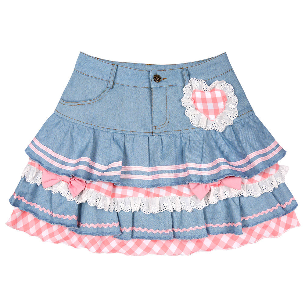 Kawaii Harajuku Japanese-themed Lolita Mini Denim Checked Women's Skirt-Enchanted peach