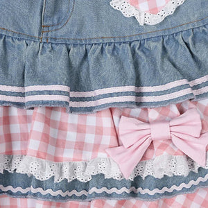 Kawaii Harajuku Japanese-themed Lolita Mini Denim Checked Women's Skirt-Enchanted peach