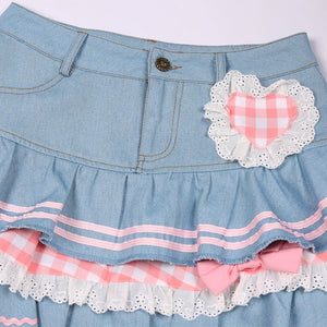 Kawaii Harajuku Japanese-themed Lolita Mini Denim Checked Women's Skirt-Enchanted peach