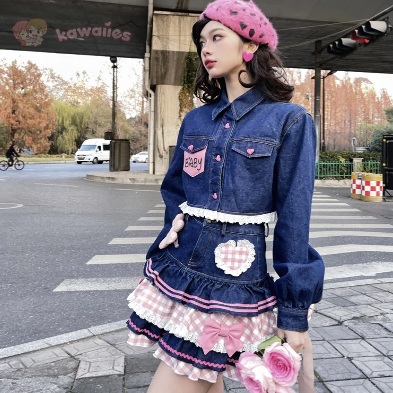 Kawaii Harajuku Japanese-themed Lolita Mini Denim Checked Women's Skirt-Enchanted peach