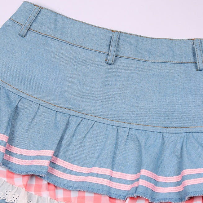 Kawaii Harajuku Japanese-themed Lolita Mini Denim Checked Women's Skirt-Enchanted peach