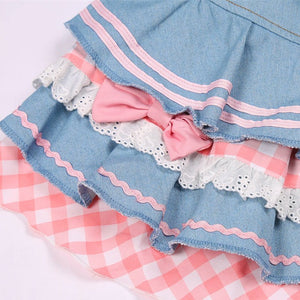 Kawaii Harajuku Japanese-themed Lolita Mini Denim Checked Women's Skirt-Enchanted peach