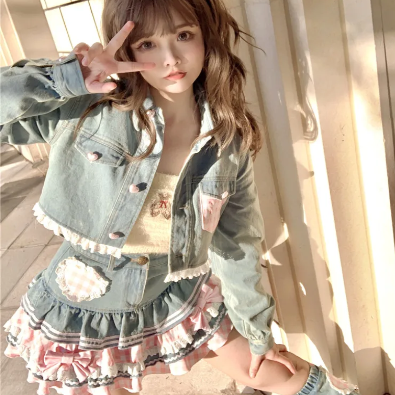 Kawaii Harajuku Japanese-themed Lolita Mini Denim Checked Women's Skirt-Enchanted peach