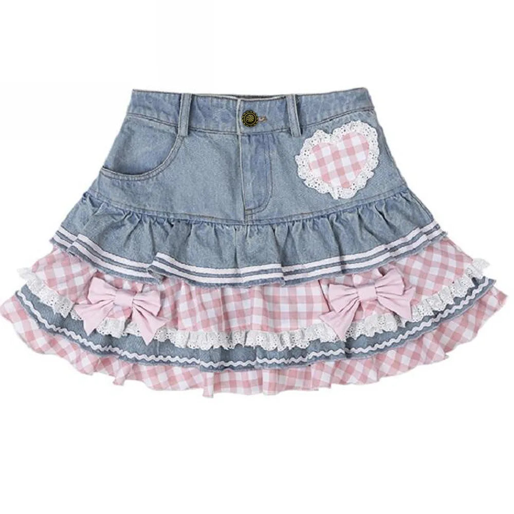 Kawaii Harajuku Japanese-themed Lolita Mini Denim Checked Women's Skirt-Enchanted peach