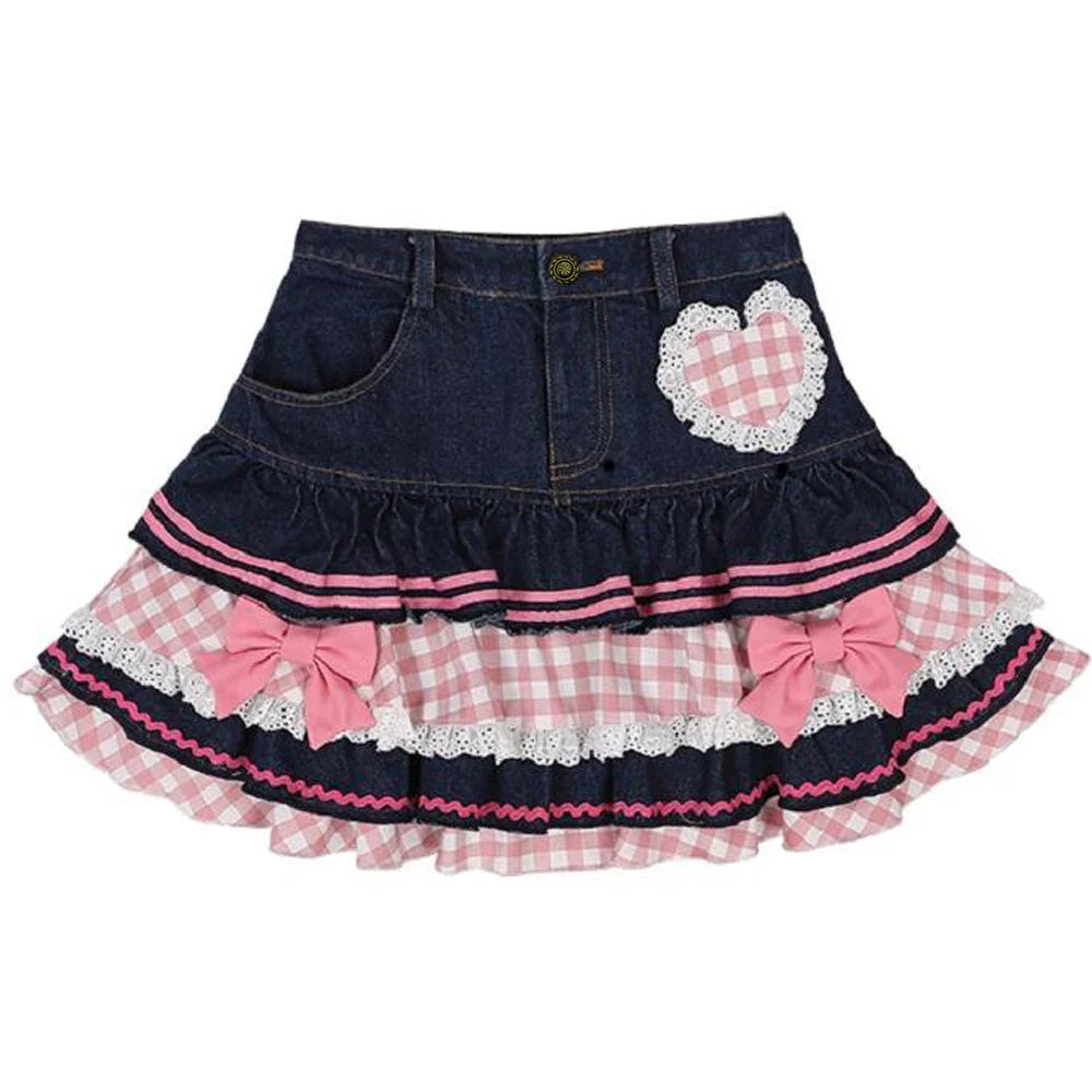 Kawaii Harajuku Japanese-themed Lolita Mini Denim Checked Women's Skirt-Enchanted peach