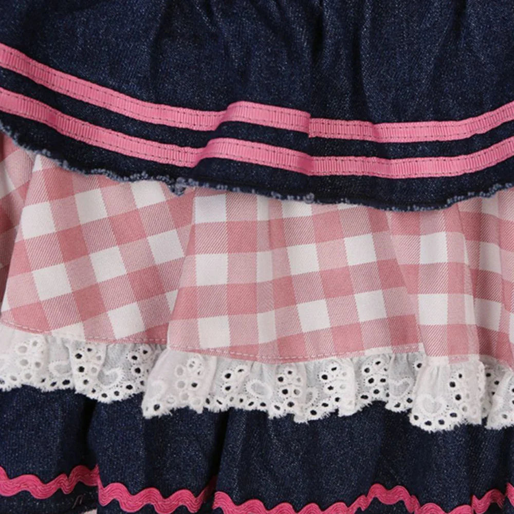 Kawaii Harajuku Japanese-themed Lolita Mini Denim Checked Women's Skirt-Enchanted peach