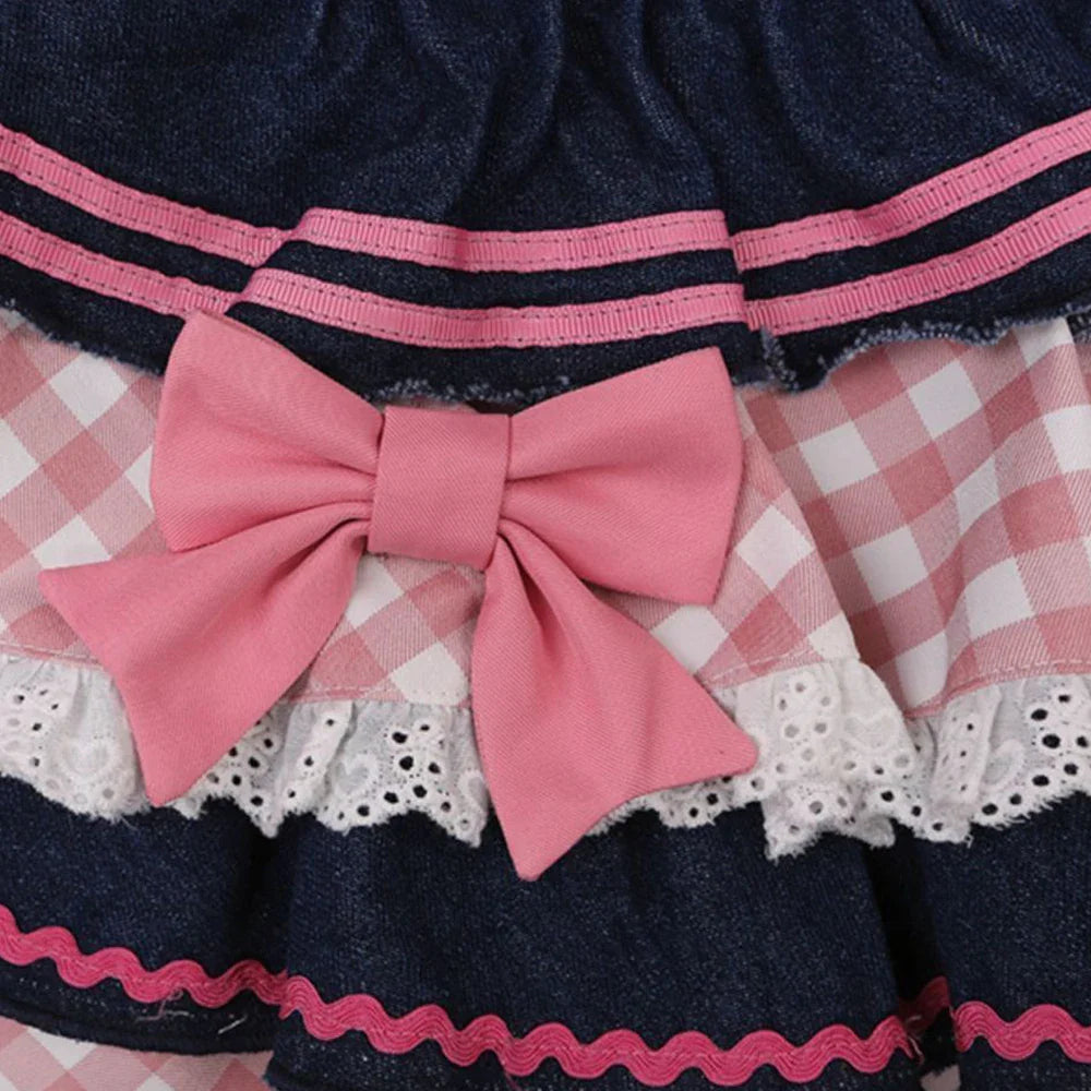 Kawaii Harajuku Japanese-themed Lolita Mini Denim Checked Women's Skirt-Enchanted peach