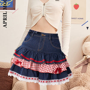 Kawaii Harajuku Japanese-themed Lolita Mini Denim Checked Women's Skirt-Enchanted peach