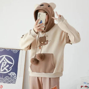 Kawaii Harajuku Style Bear Two-tone Hoodies-Enchanted peach