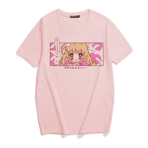 Kawaii Japanese Anime Bunny Blonde Girl Graphic Tee-Enchanted peach