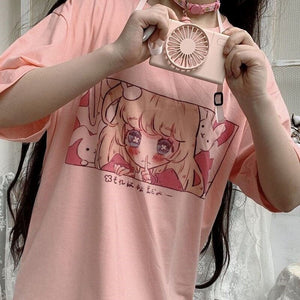 Kawaii Japanese Anime Bunny Blonde Girl Graphic Tee-Enchanted peach