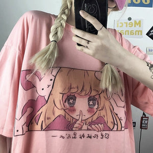 Kawaii Japanese Anime Bunny Blonde Girl Graphic Tee-Enchanted peach