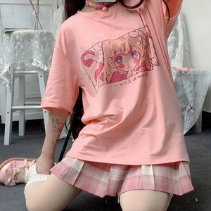 Kawaii Japanese Anime Bunny Blonde Girl Graphic Tee-Enchanted peach