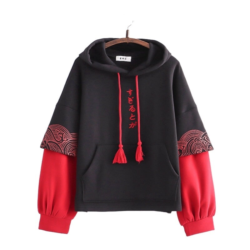 Kawaii Japanese Kanji Embroidery Wave Hoodie-Enchanted peach