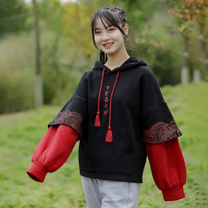 Kawaii Japanese Kanji Embroidery Wave Hoodie-Enchanted peach