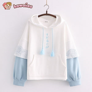 Kawaii Japanese Kanji Embroidery Wave Hoodie-Enchanted peach