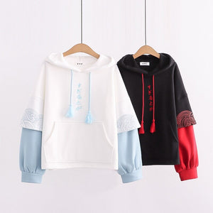 Kawaii Japanese Kanji Embroidery Wave Hoodie-Enchanted peach