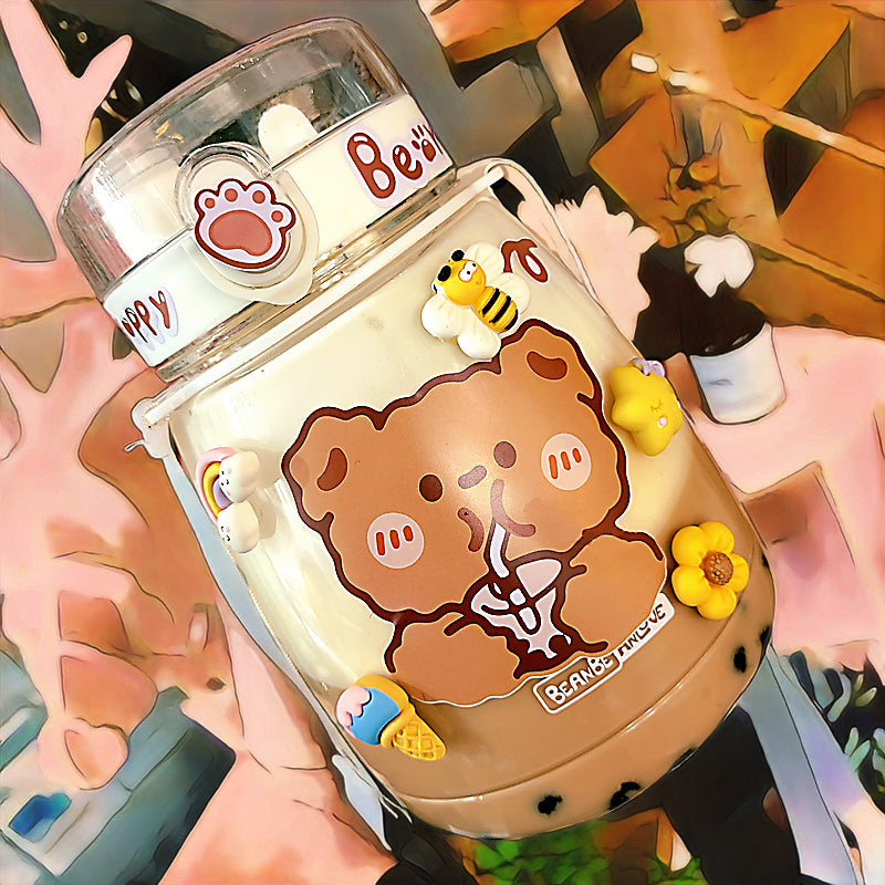 Kawaii Jumbo Bear & Bunny Bottle Flask with Strap-Enchanted peach