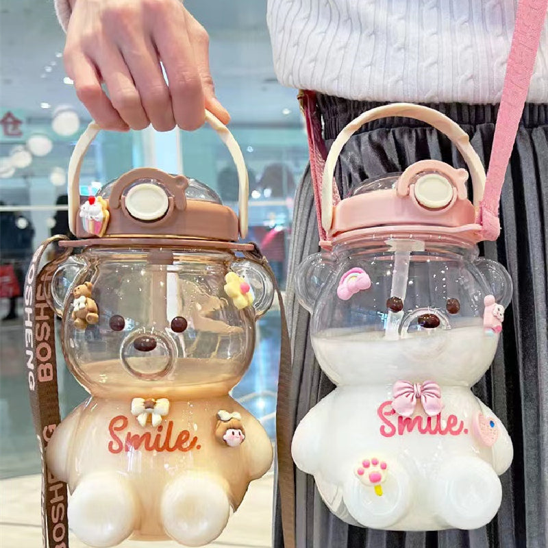 Kawaii Jumbo Bear Shaped Bottle with Strap-Enchanted peach