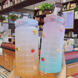 Kawaii Jumbo Plastic 2000ml Water Bottle With Time Marker & Straw-Enchanted peach