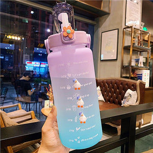 Kawaii Jumbo Plastic 2000ml Water Bottle With Time Marker & Straw-Enchanted peach