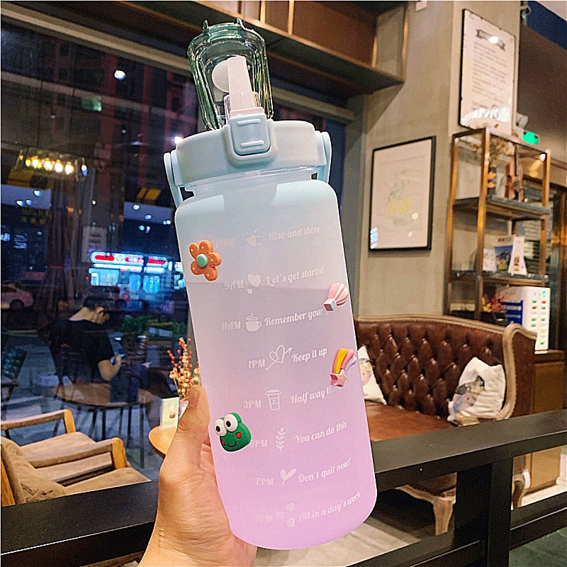 Kawaii Jumbo Plastic 2000ml Water Bottle With Time Marker & Straw-Enchanted peach