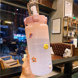 Kawaii Jumbo Plastic 2000ml Water Bottle With Time Marker & Straw-Enchanted peach