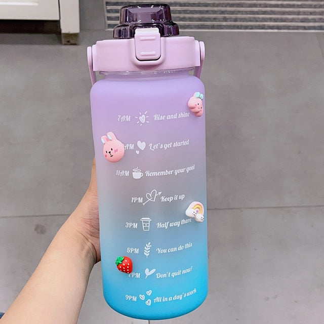 Kawaii Jumbo Plastic 2000ml Water Bottle With Time Marker & Straw-Enchanted peach