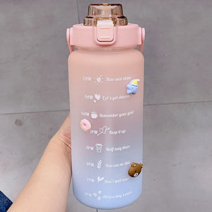 Kawaii Jumbo Plastic 2000ml Water Bottle With Time Marker & Straw-Enchanted peach