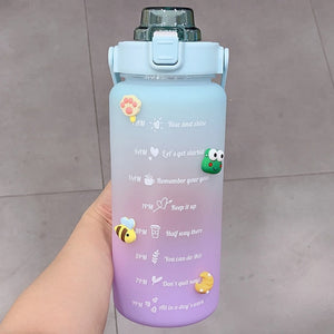 Kawaii Jumbo Plastic 2000ml Water Bottle With Time Marker & Straw-Enchanted peach