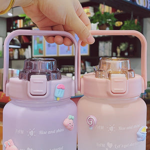 Kawaii Jumbo Plastic 2000ml Water Bottle With Time Marker & Straw-Enchanted peach