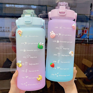 Kawaii Jumbo Plastic 2000ml Water Bottle With Time Marker & Straw-Enchanted peach